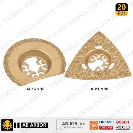 Versa Tool 20 PC Semi- Circular, Triangular Carbide RASP, 8mm Offset Mount Sanding / Grinding Set AB-K19